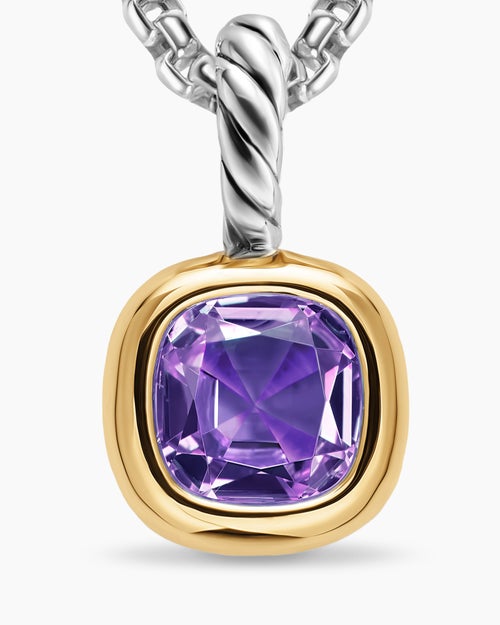 Womens Mini Cushion Cut Amulet in Sterling Silver with 14K Yellow Gold and Amethyst, 5.5mm