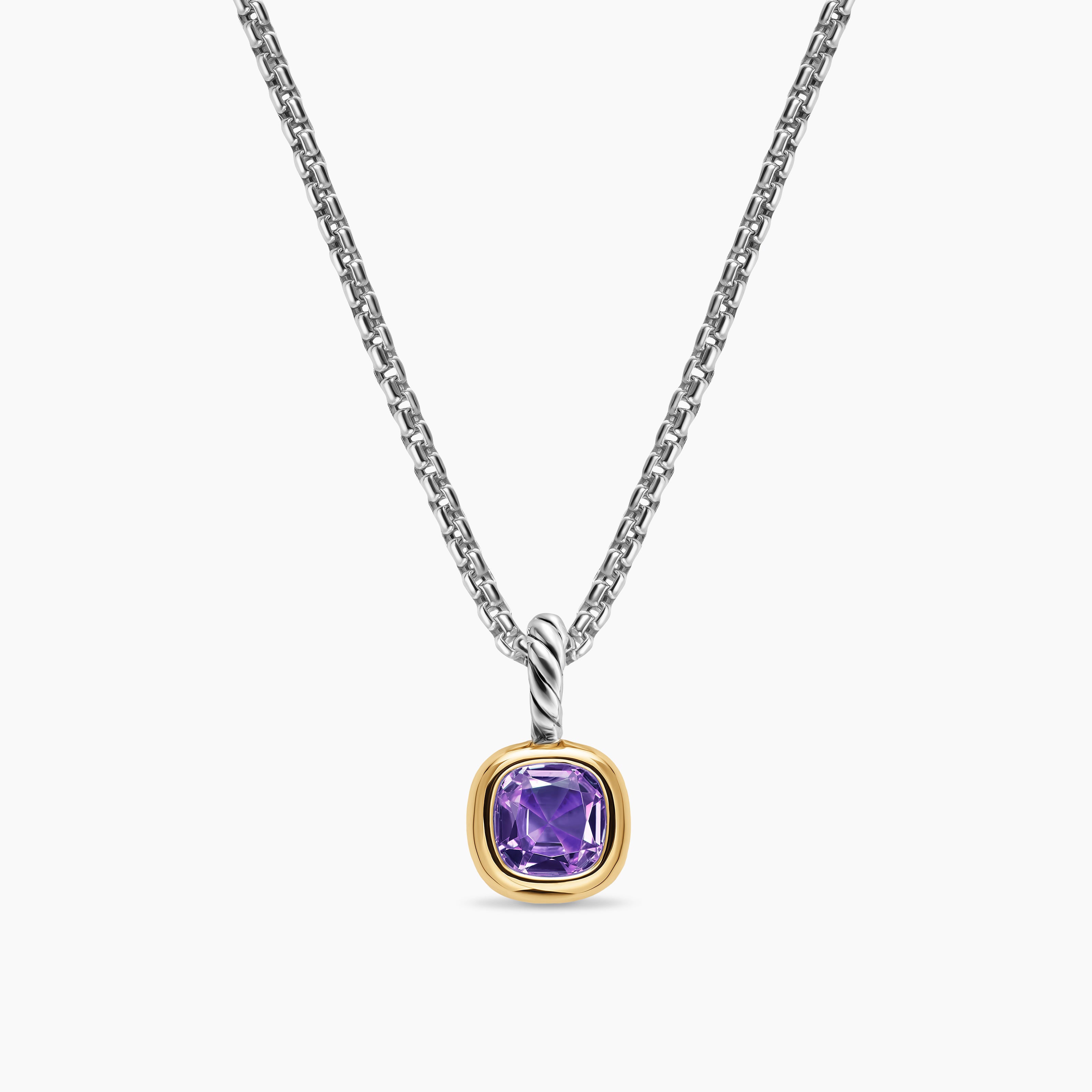 Womens Mini Cushion Cut Amulet in Sterling Silver with 14K Yellow Gold and Amethyst, 5.5mm