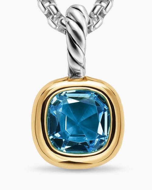 Womens Mini Cushion Cut Amulet in Sterling Silver with 14K Yellow Gold and Hampton Blue Topaz, 5.5mm