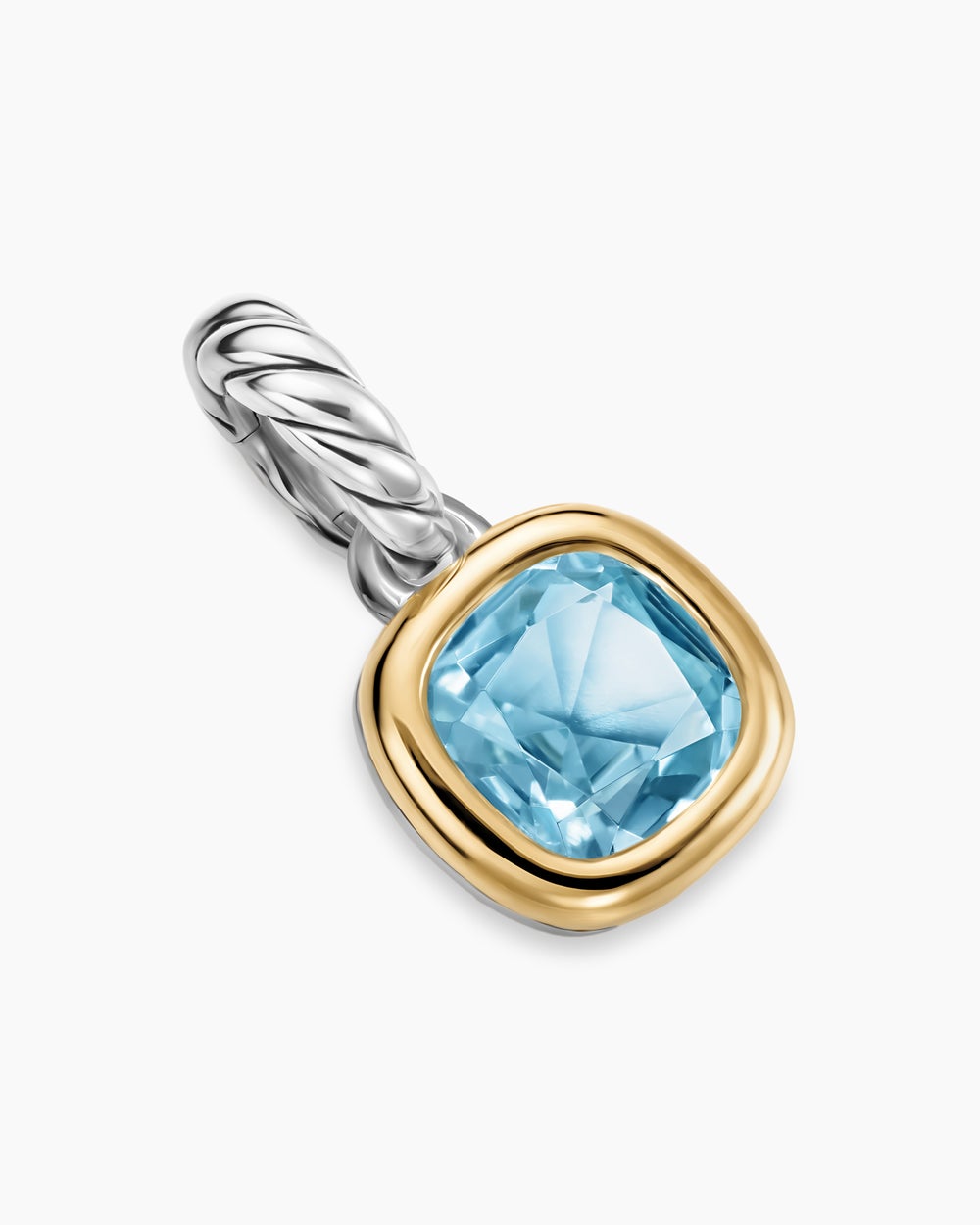 Womens Mini Cushion Cut Amulet in Sterling Silver with 14K Yellow Gold and Sky Blue Topaz, 5.5mm