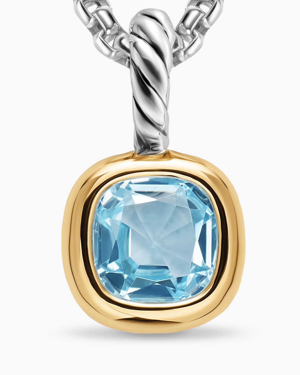 Womens Mini Cushion Cut Amulet in Sterling Silver with 14K Yellow Gold and Sky Blue Topaz, 5.5mm