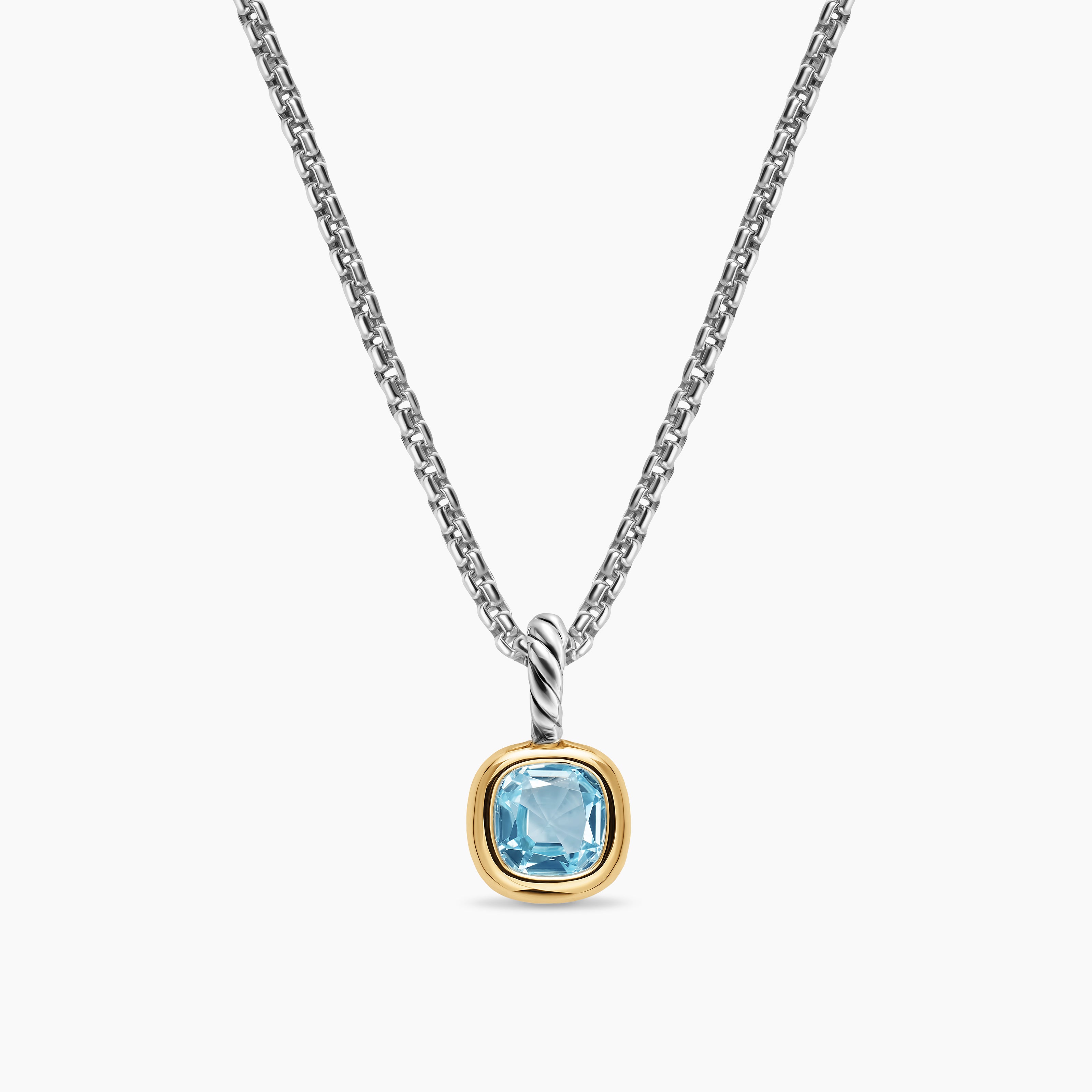 Womens Mini Cushion Cut Amulet in Sterling Silver with 14K Yellow Gold and Sky Blue Topaz, 5.5mm