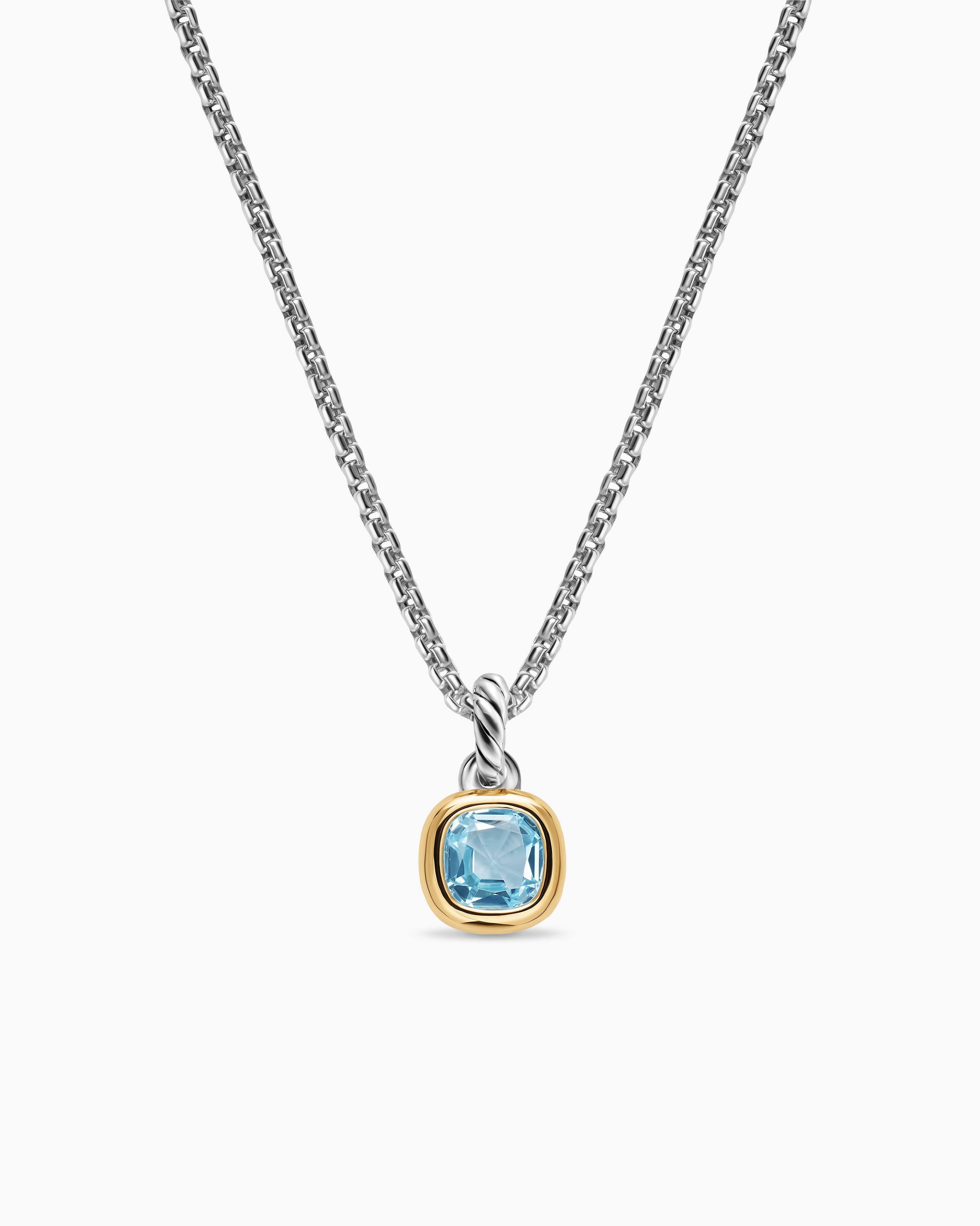 Womens Mini Cushion Cut Amulet in Sterling Silver with 14K Yellow Gold and Sky Blue Topaz, 5.5mm