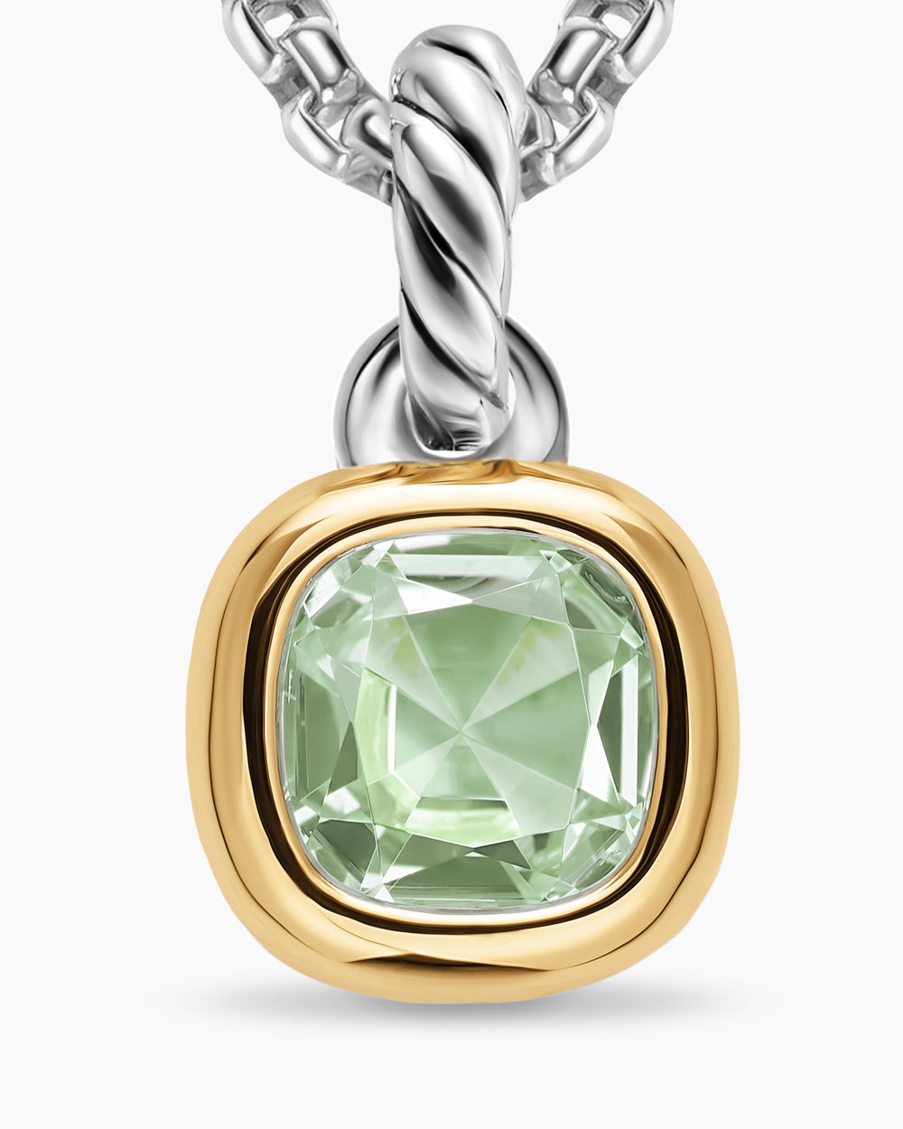 Womens Mini Cushion Cut Amulet in Sterling Silver with 14K Yellow Gold and Prasiolite, 5.5mm