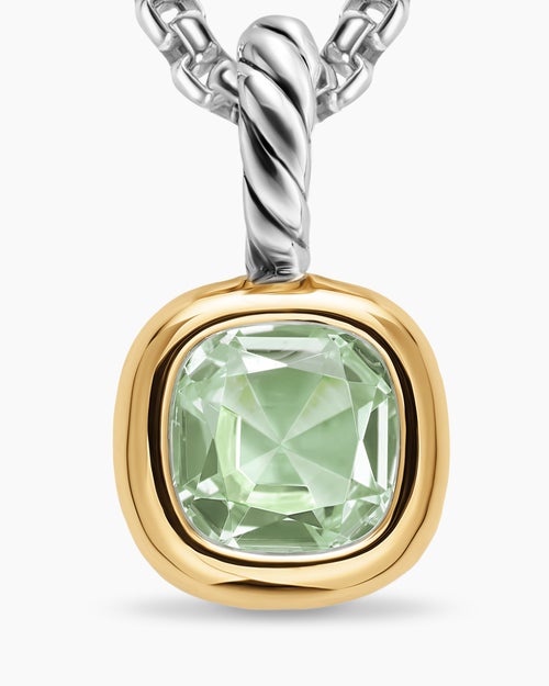 Womens Mini Cushion Cut Amulet in Sterling Silver with 14K Yellow Gold and Prasiolite, 5.5mm