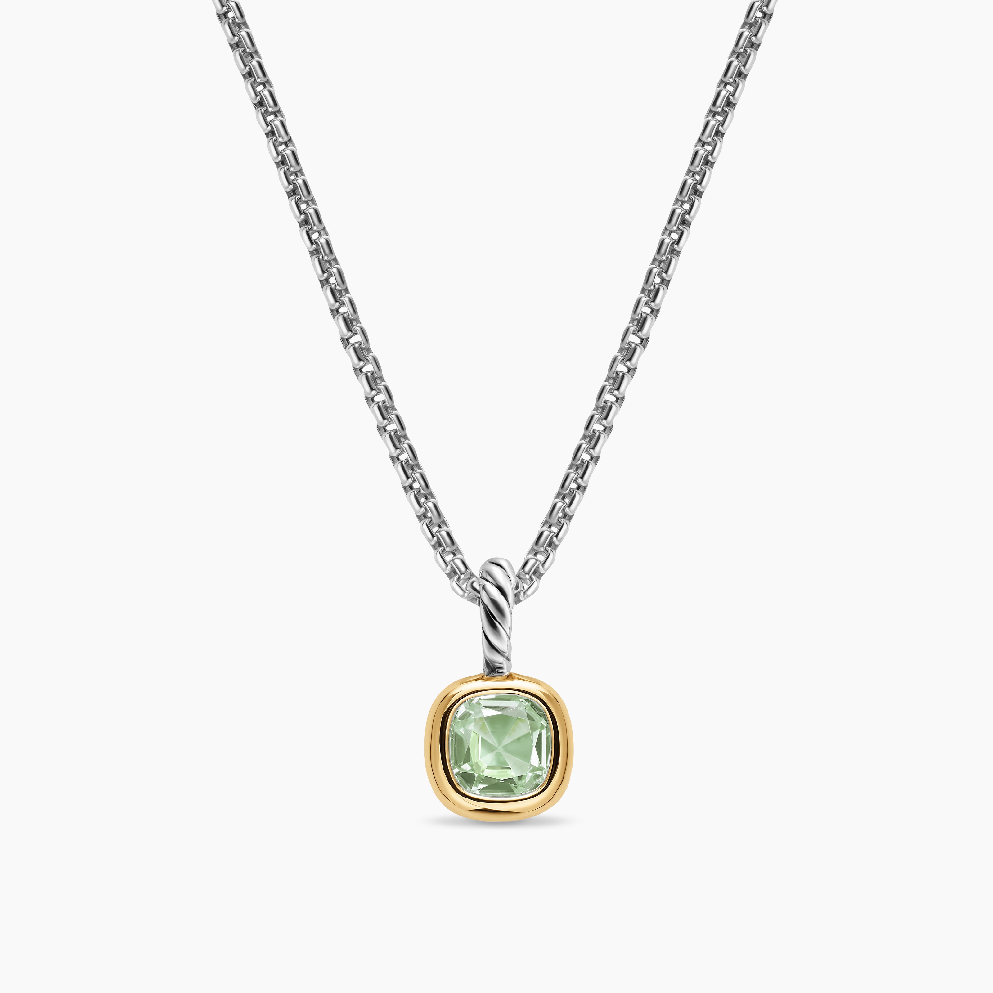 Womens Mini Cushion Cut Amulet in Sterling Silver with 14K Yellow Gold and Prasiolite, 5.5mm