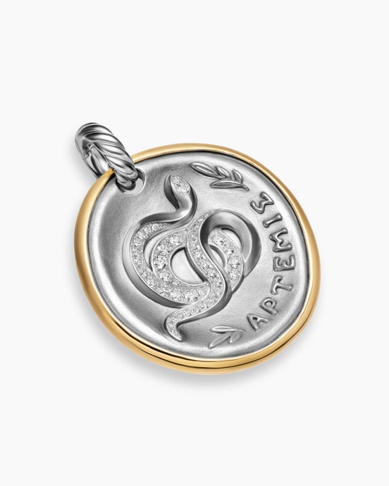 Artemis Medallion Amulet in Sterling Silver with 14K Yellow Gold and Diamonds, 29.5mm