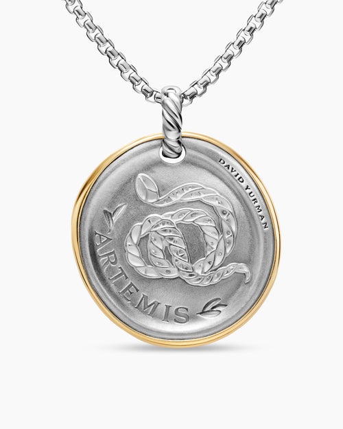Womens Artemis Medallion Amulet in Sterling Silver with 14K Yellow Gold and Diamonds, 29.5mm