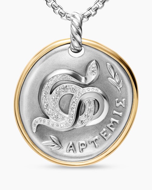 Womens Artemis Medallion Amulet in Sterling Silver with 14K Yellow Gold and Diamonds, 29.5mm