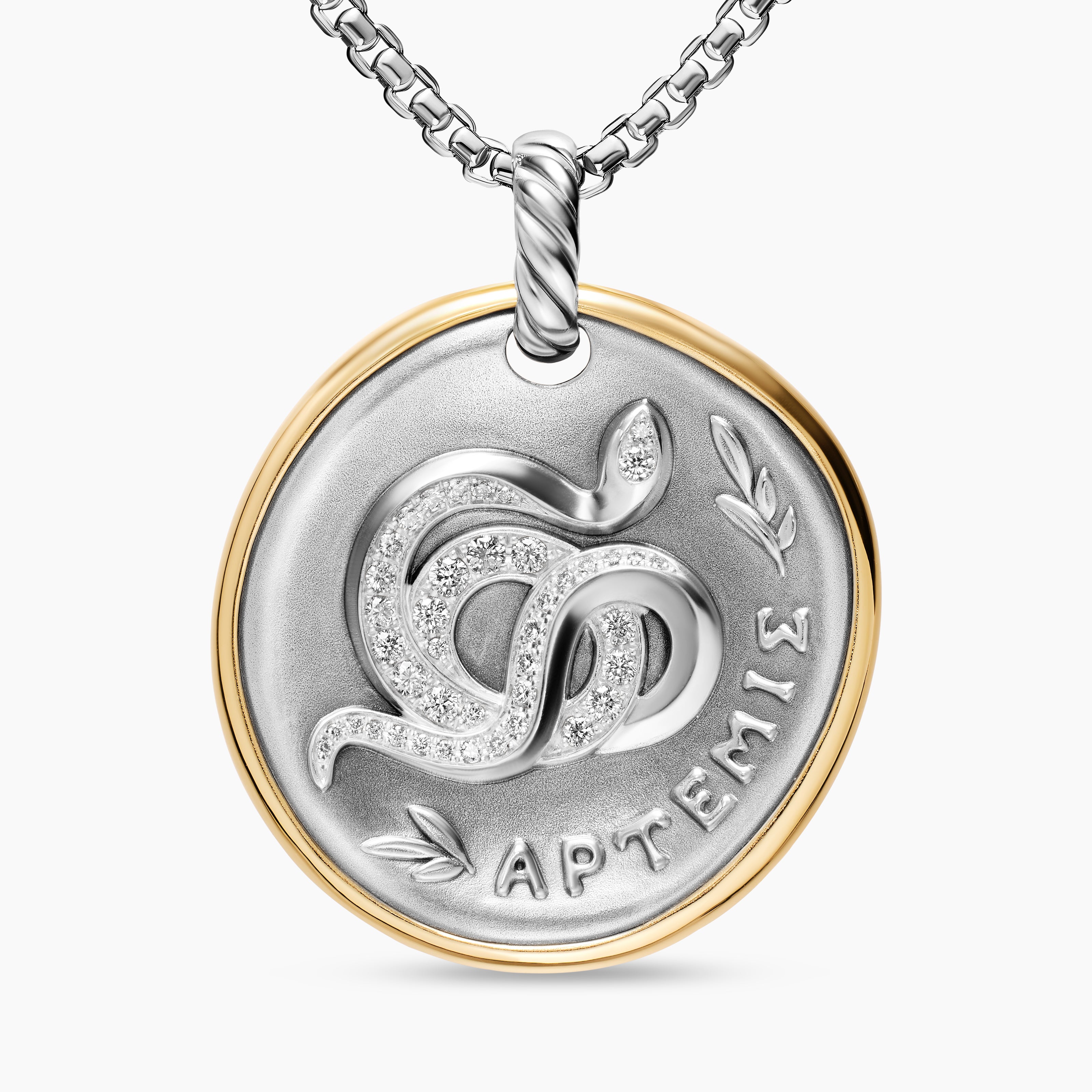 Womens Artemis Medallion Amulet in Sterling Silver with 14K Yellow Gold and Diamonds, 29.5mm