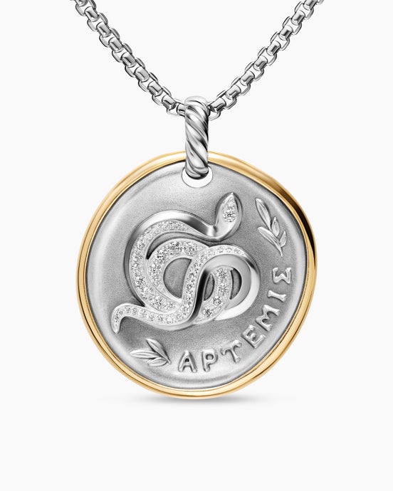 Artemis Medallion Amulet in Sterling Silver with 14K Yellow Gold and Diamonds, 29.5mm