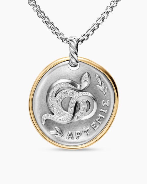 Womens Artemis Medallion Amulet in Sterling Silver with 14K Yellow Gold and Diamonds, 29.5mm