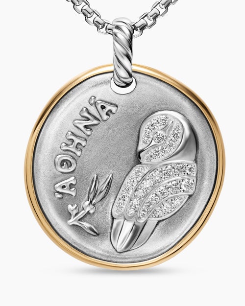 Womens Athena Medallion Amulet in Sterling Silver with 14K Yellow Gold and Diamonds, 29.5mm