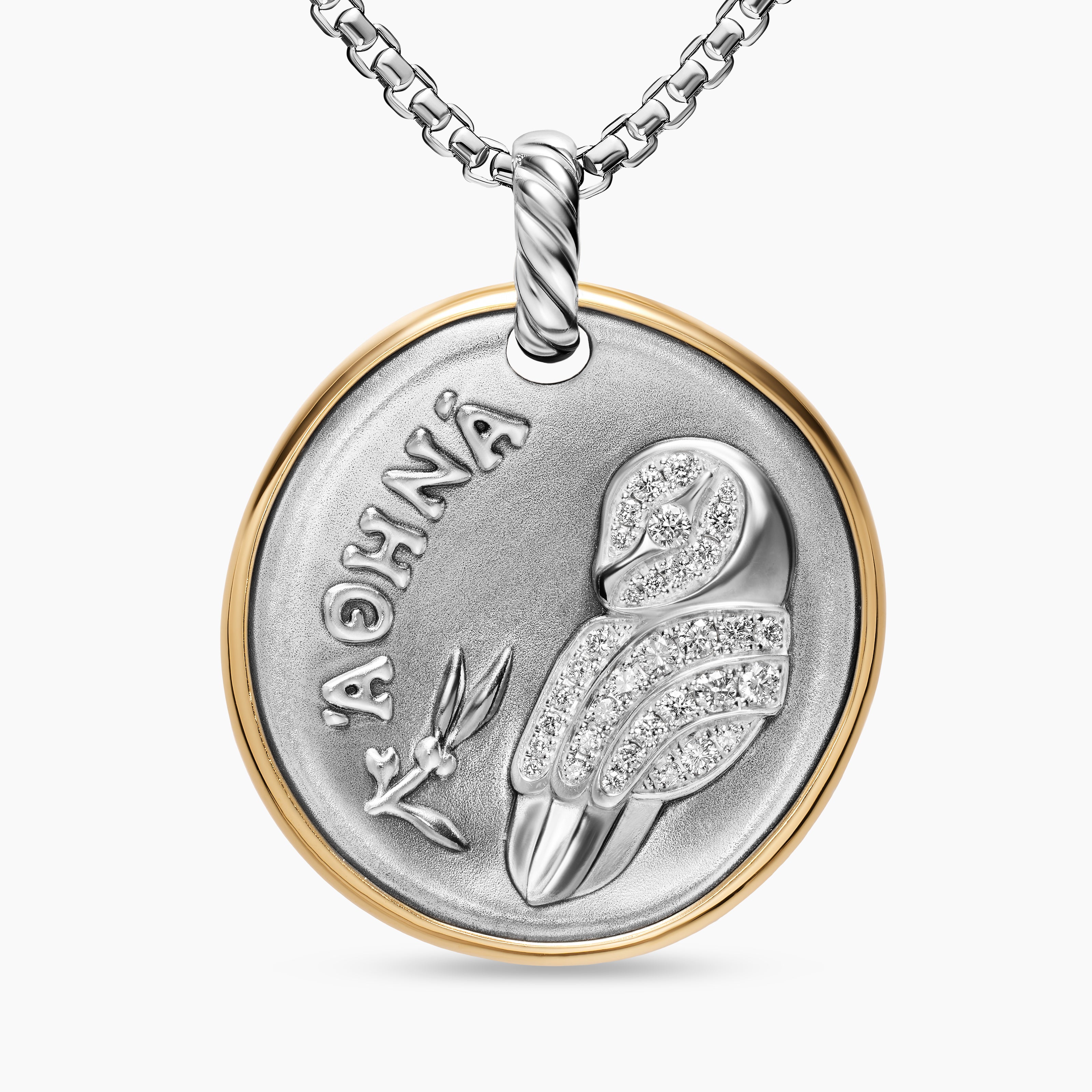Womens Athena Medallion Amulet in Sterling Silver with 14K Yellow Gold and Diamonds, 29.5mm