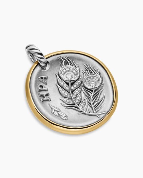 Womens Hera Medallion Amulet in Sterling Silver with 14ct Yellow Gold and Diamonds, 29.5mm