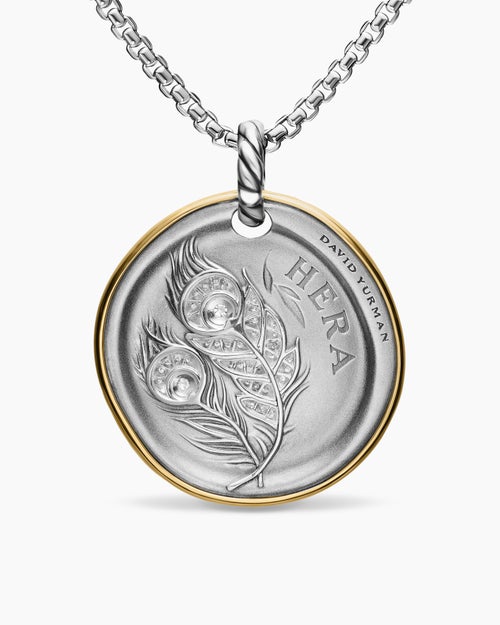 Womens Hera Medallion Amulet in Sterling Silver with 14ct Yellow Gold and Diamonds, 29.5mm