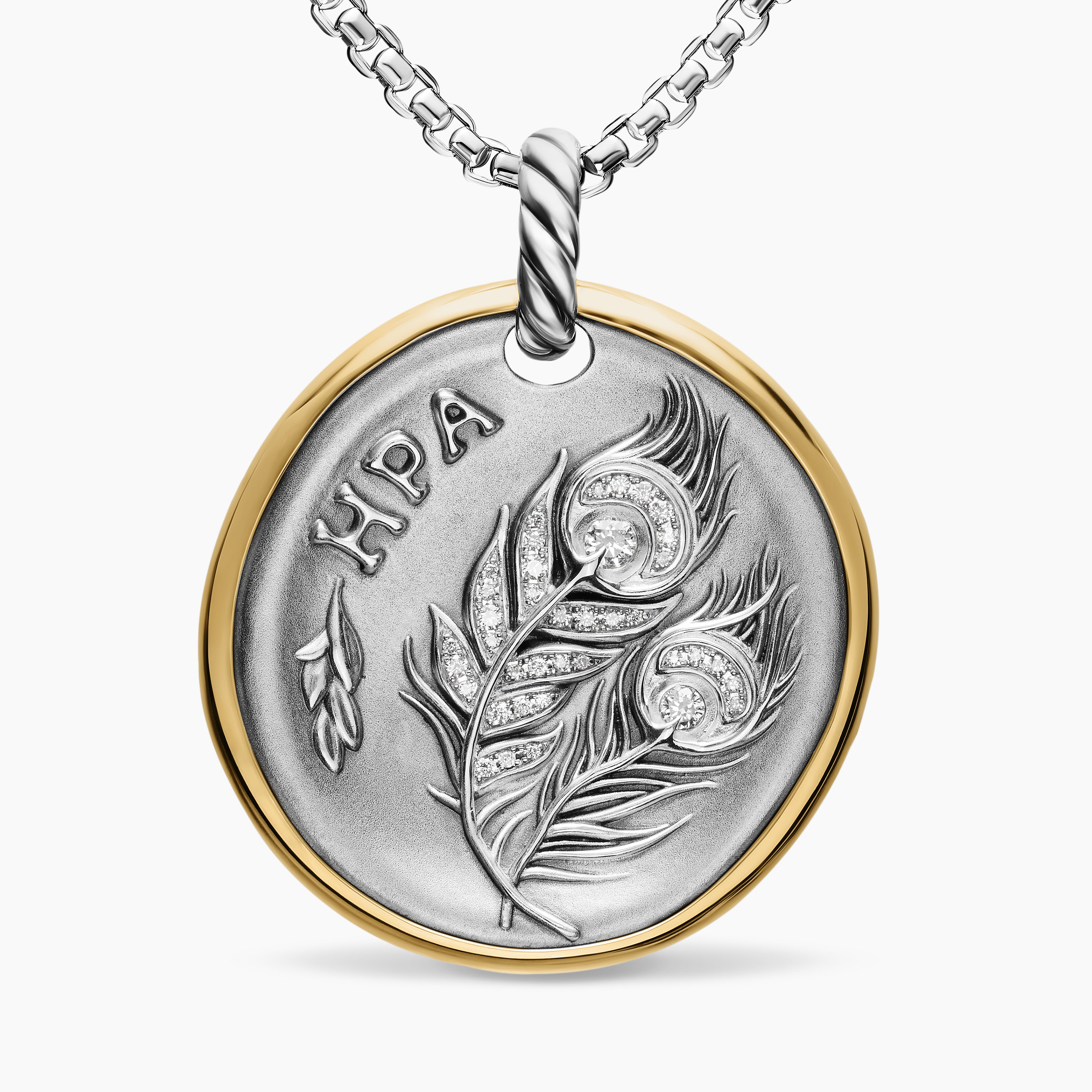 Womens Hera Medallion Amulet in Sterling Silver with 14K Yellow Gold and Diamonds, 29.5mm