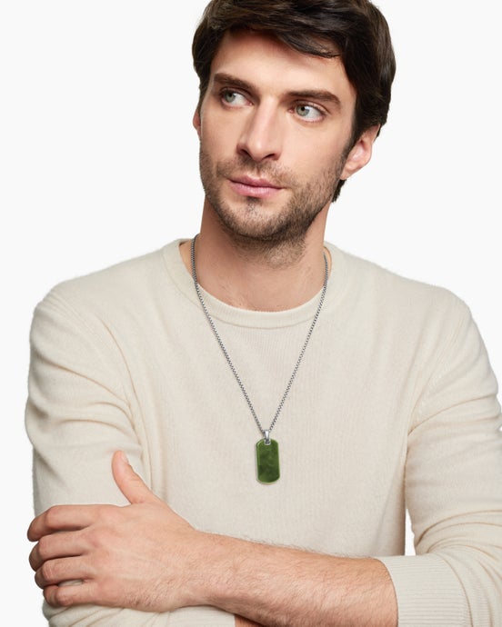 Chevron Tag in Sterling Silver with Nephrite Jade, 42mm