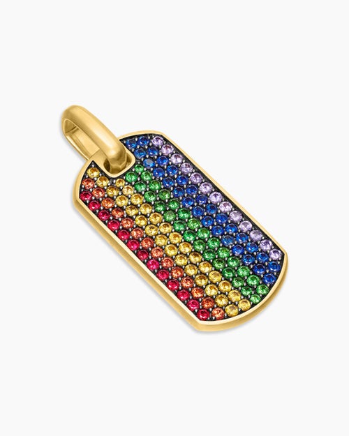 Mens Chevron Tag in 18K Yellow Gold with Rainbow Pavé, 35mm