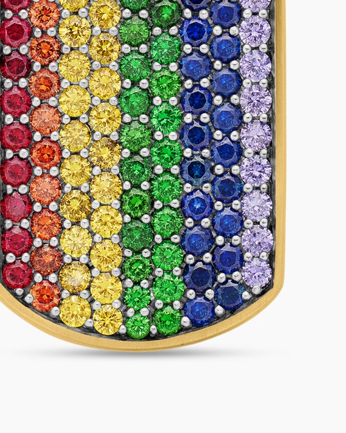 Mens Chevron Tag in 18K Yellow Gold with Rainbow Pavé, 35mm