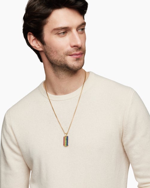 Mens Chevron Tag in 18K Yellow Gold with Rainbow Pavé, 35mm