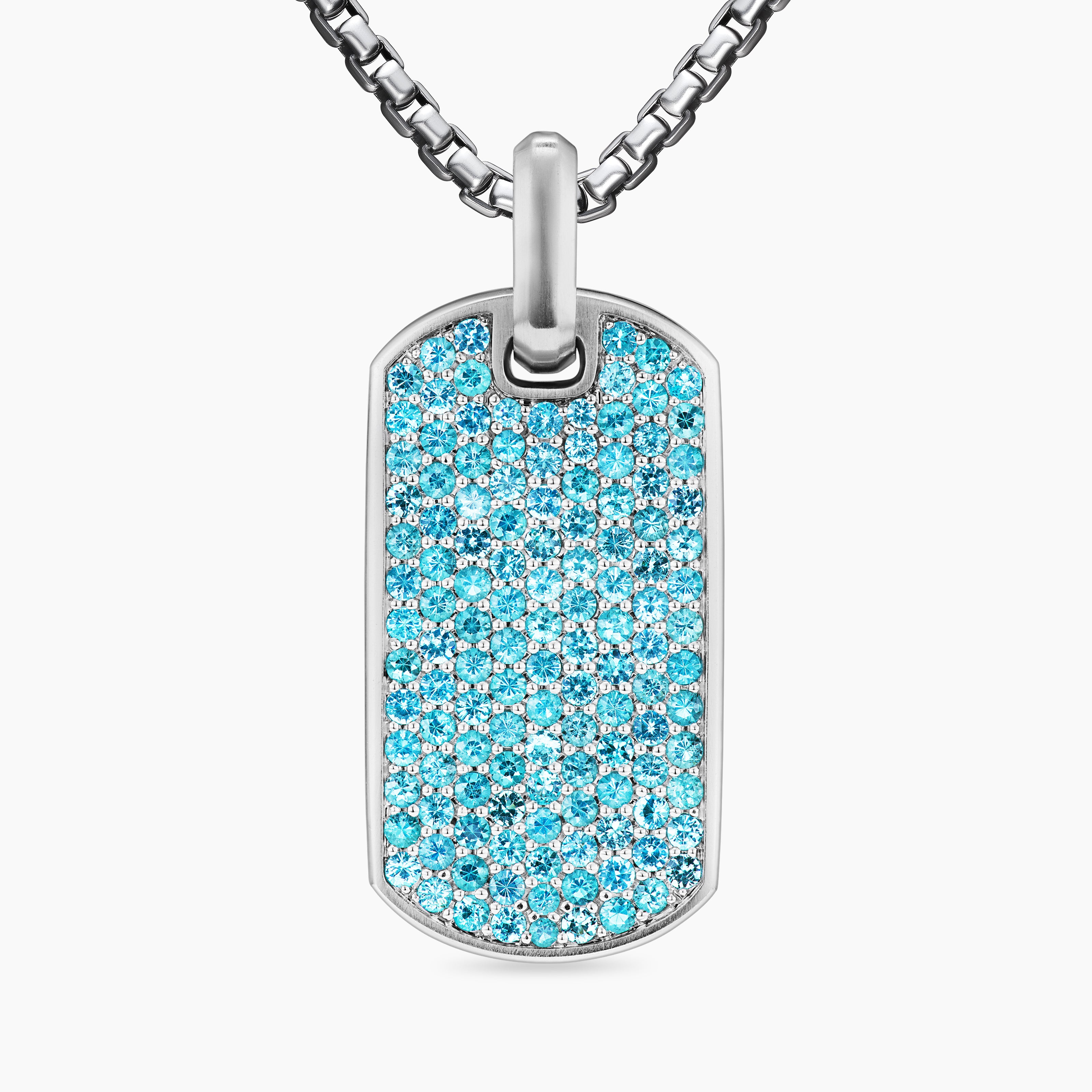 Mens Chevron Tag in 18K White Gold with Paraiba Tourmalines, 35mm