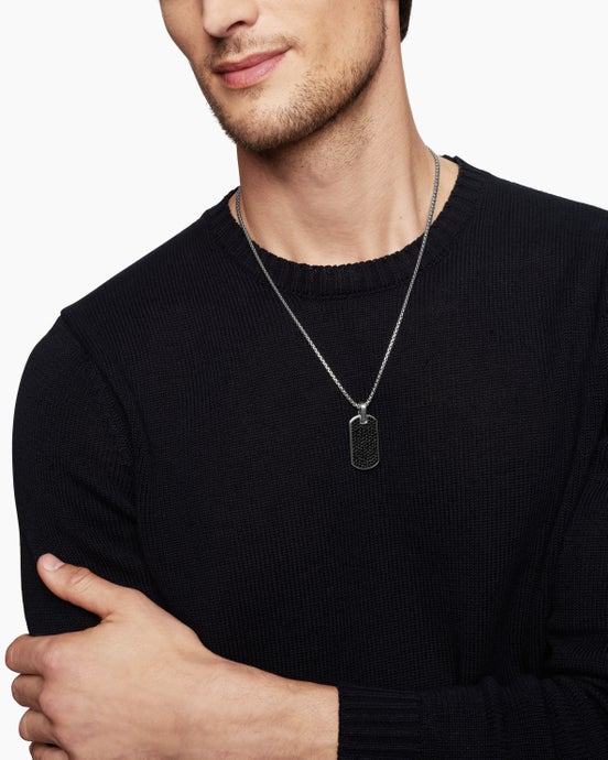 Chevron Tag in Sterling Silver with Black Diamonds, 35mm