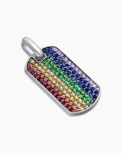 Mens Chevron Tag in Sterling Silver with Rainbow Pavé, 35mm