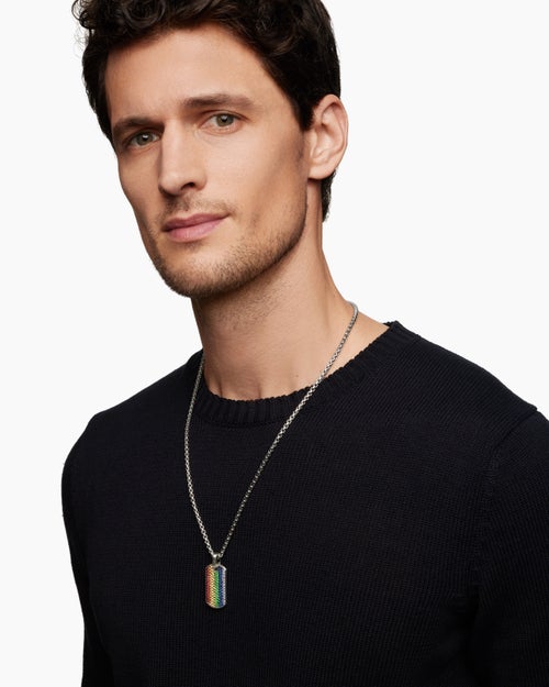 Mens Chevron Tag in Sterling Silver with Rainbow Pavé, 35mm