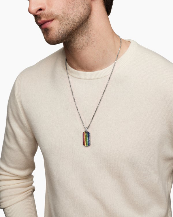 Chevron Tag in Sterling Silver with Rainbow Pavé, 35mm