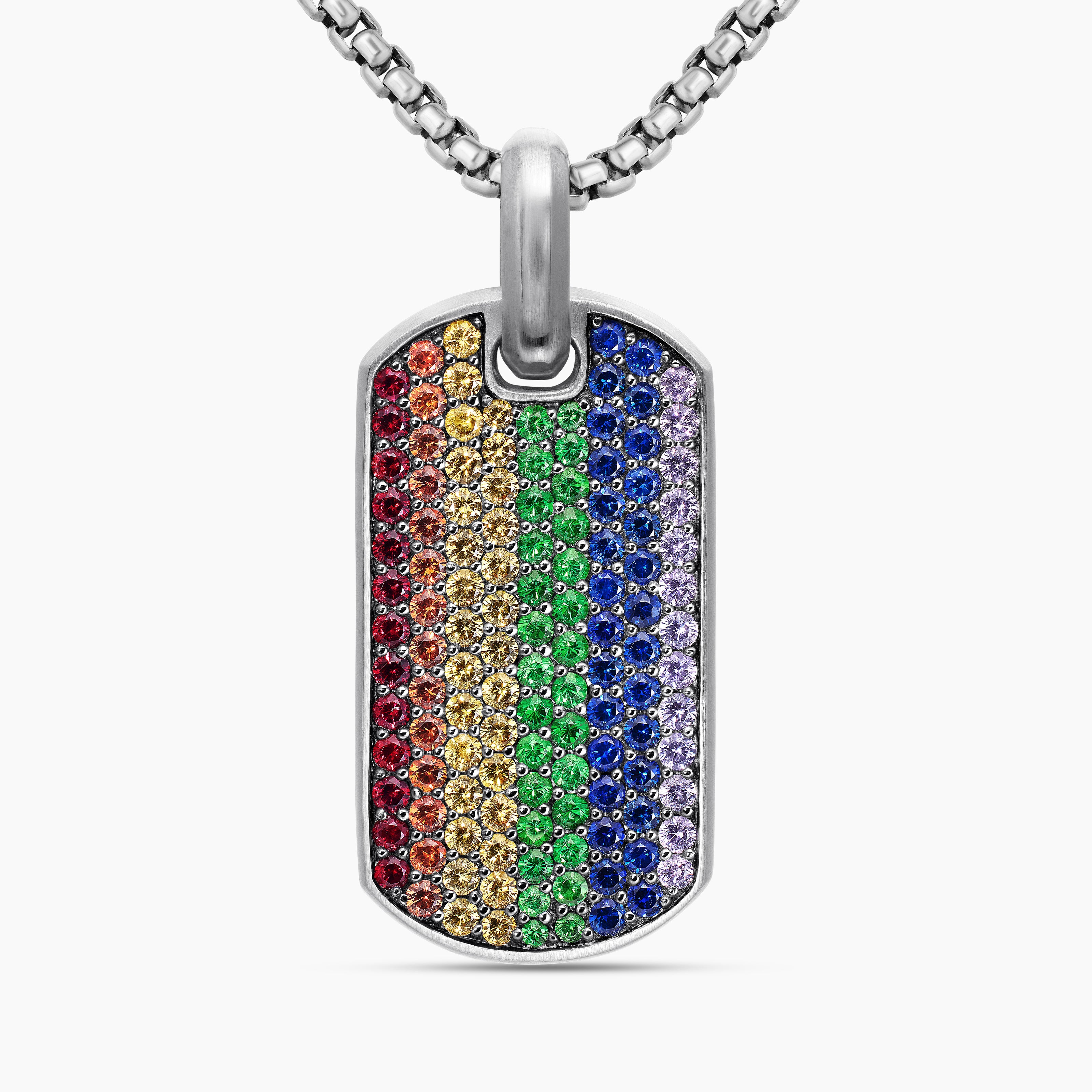 M&eacute;daille Chevron en argent massif avec pav&eacute; arc-en-ciel, 35 mm homme 