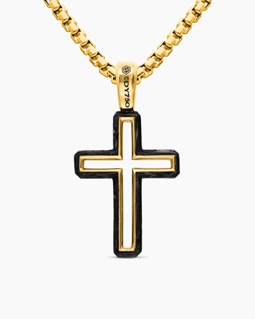 Mens Forged Carbon Cross Pendant in 18K Yellow Gold, 24mm
