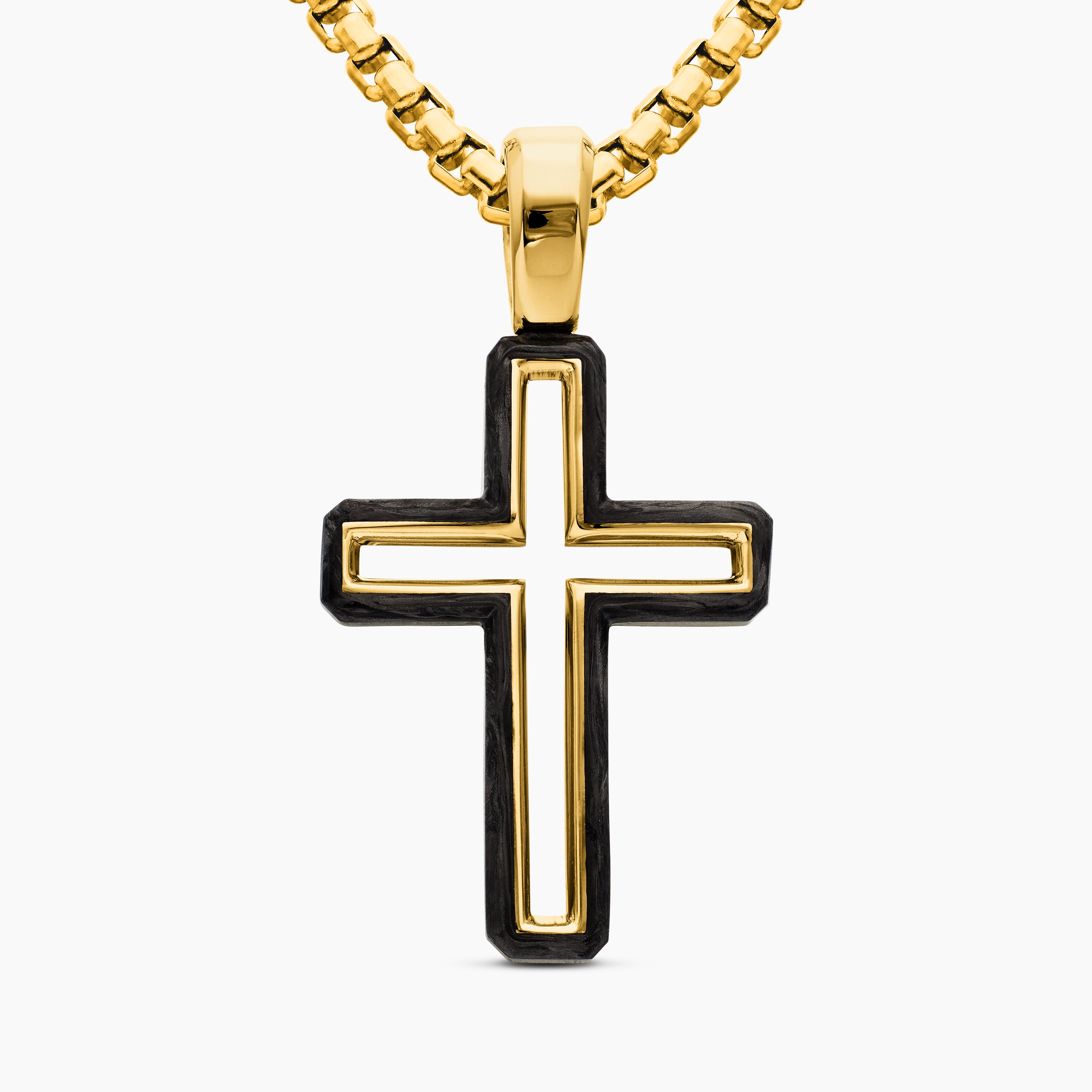 Mens Forged Carbon Cross Pendant in 18K Yellow Gold, 24mm