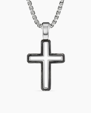 Forged Carbon Cross Pendant in Sterling Silver, 24mm
