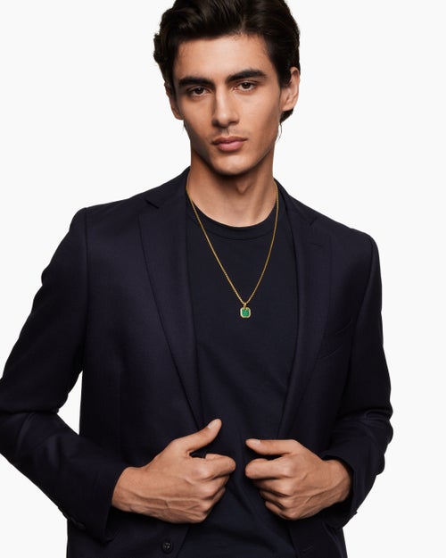 Mens Octagonal Amulet in 18K Yellow Gold with Emeralds, 15mm