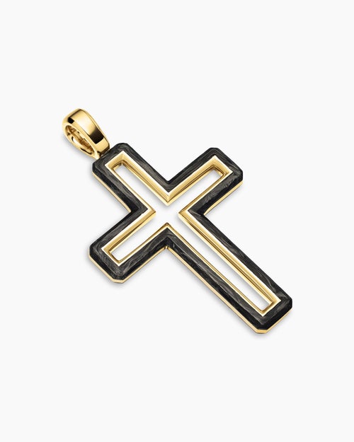 Mens Forged Carbon Cross Pendant in 18K Yellow Gold, 37mm
