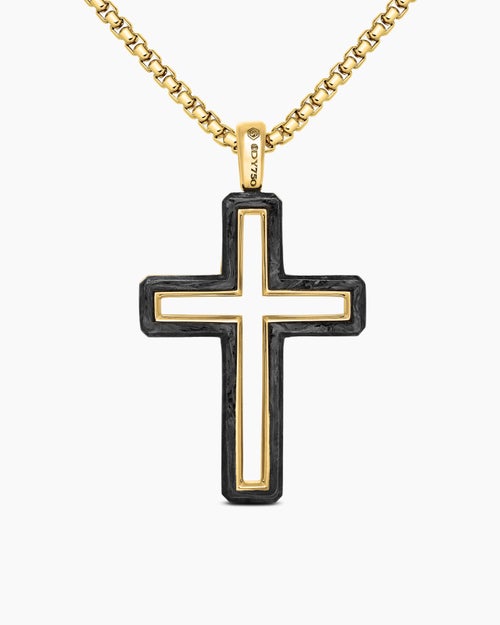 Mens Forged Carbon Cross Pendant in 18K Yellow Gold, 37mm