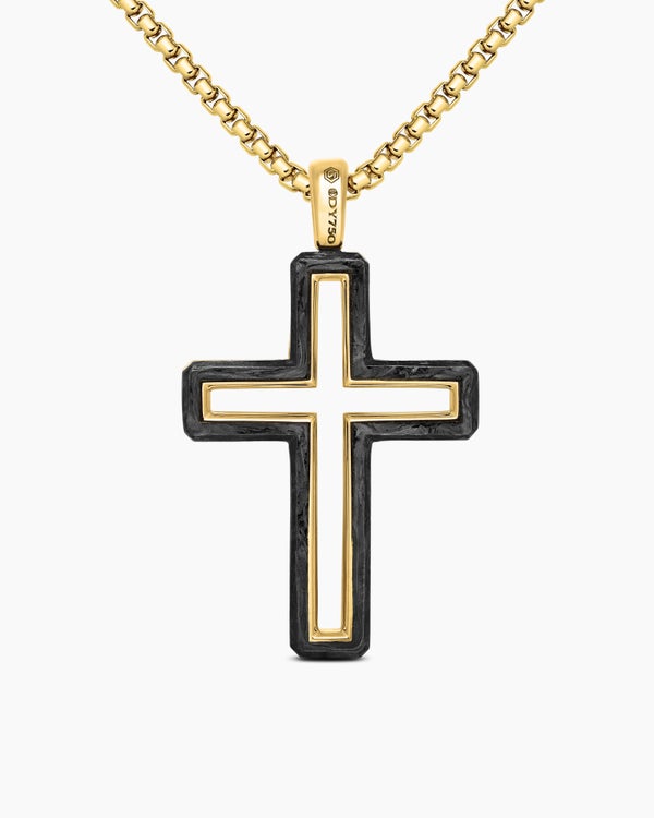 Forged Carbon Cross Pendant in 18K Yellow Gold, 37mm