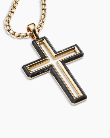 Forged Carbon Cross Pendant in 18K Yellow Gold, 37mm