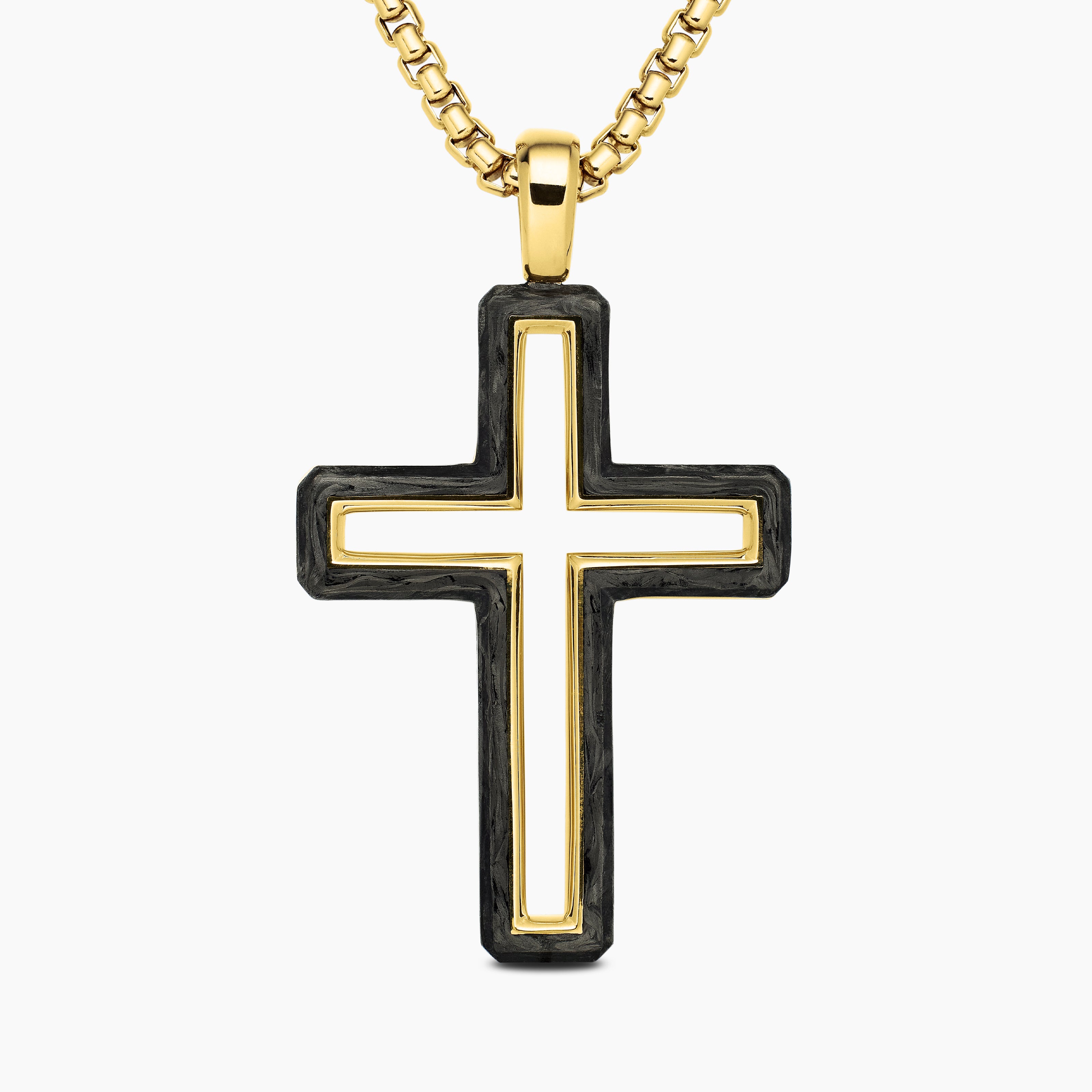 Mens Forged Carbon Cross Pendant in 18K Yellow Gold, 37mm