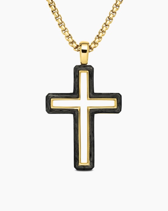 Forged Carbon Cross Pendant in 18K Yellow Gold, 37mm