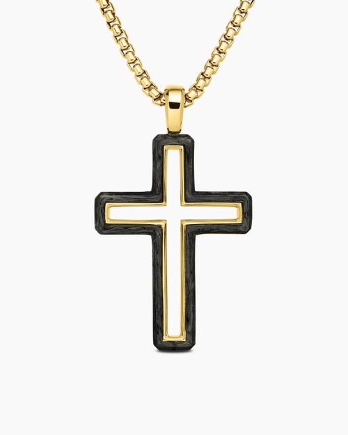 Mens Forged Carbon Cross Pendant in 18K Yellow Gold, 37mm