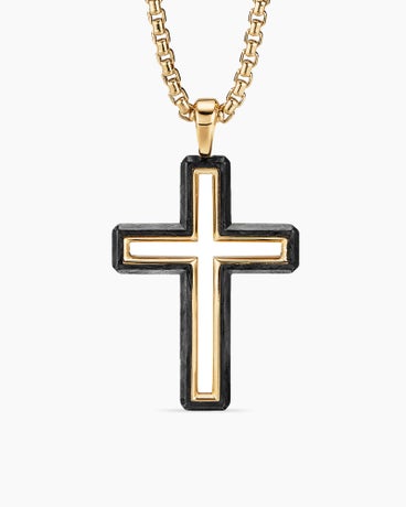 Forged Carbon Cross Pendant in 18K Yellow Gold, 37mm