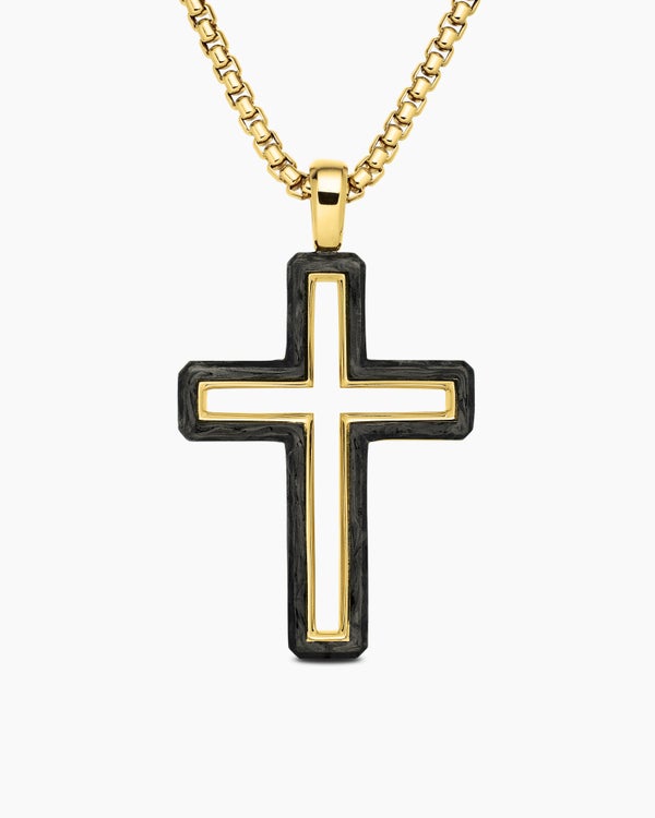 Forged Carbon Cross Pendant in 18K Yellow Gold, 37mm