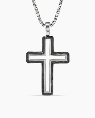 Forged Carbon Cross Pendant in Sterling Silver, 37mm