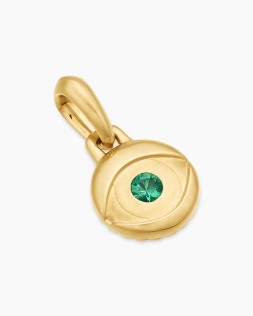 Mens Evil Eye Amulet in 18K Yellow Gold with Emerald, 14.5mm