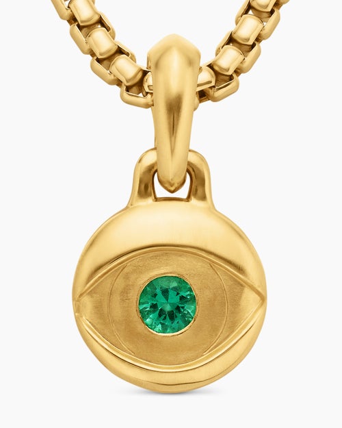 Mens Evil Eye Amulet in 18ct Yellow Gold with Emerald, 14.5mm