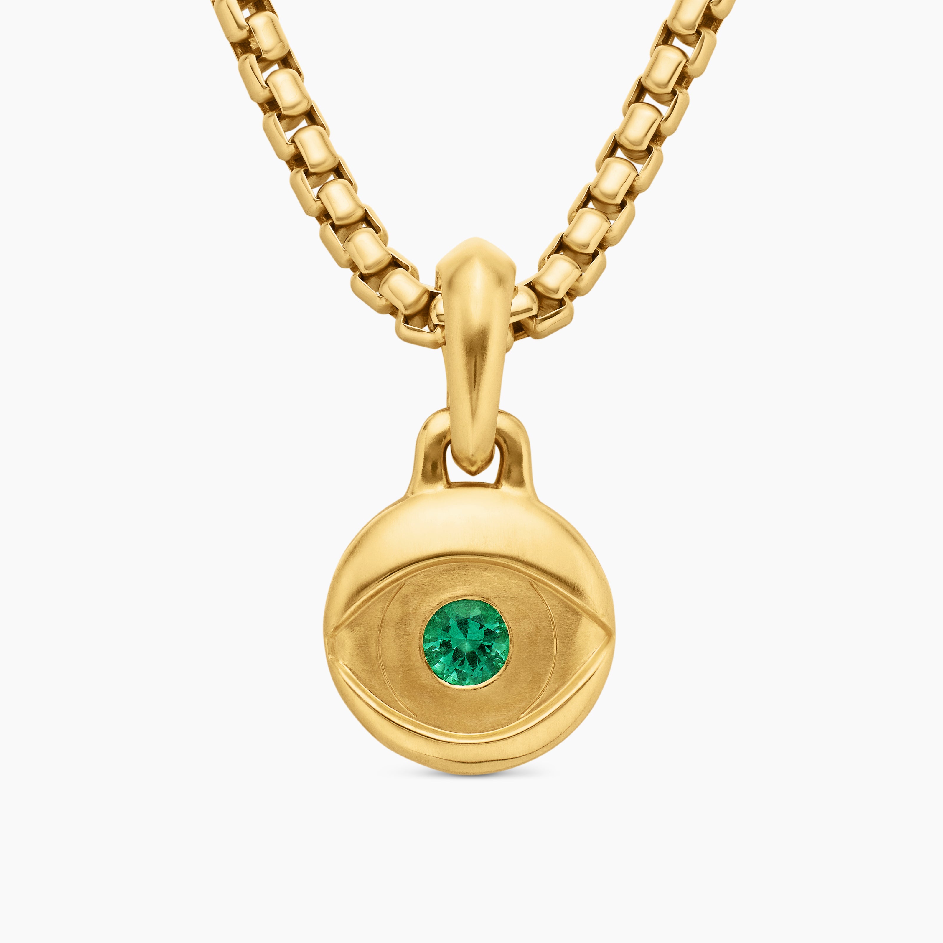 Mens Evil Eye Amulet in 18K Yellow Gold with Emerald, 14.5mm