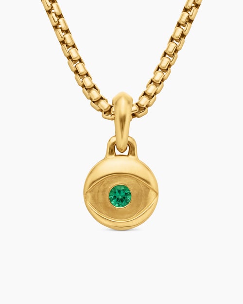 Mens Evil Eye Amulet in 18ct Yellow Gold with Emerald, 14.5mm