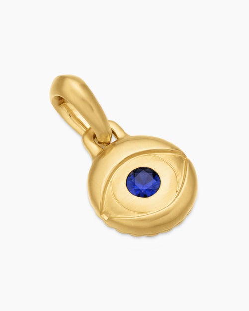 Mens Evil Eye Amulet in 18K Yellow Gold with Blue Sapphire, 14.5mm